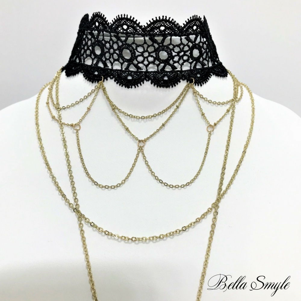Victorian Multi Layer Pendant Lace Choker Necklace
